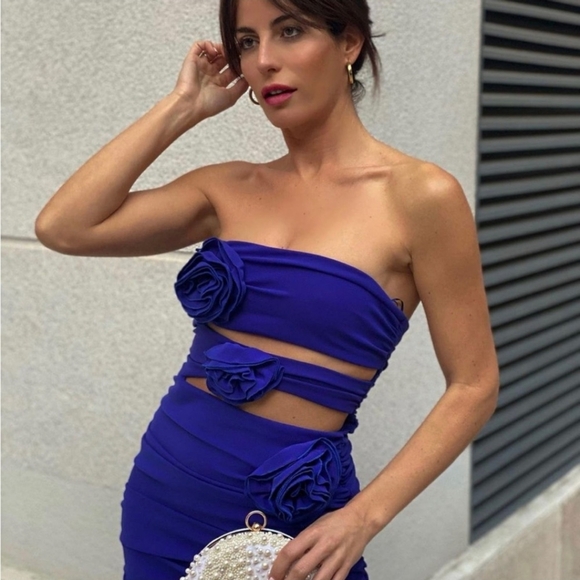 Floral Cut Out Bluish Dress Size S - Picture 2 of 11